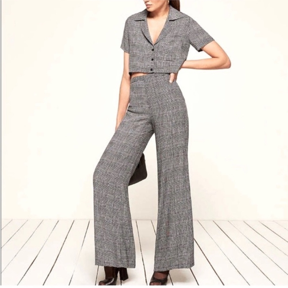 Reformation Cooper Two Piece Crop Top & High Waist Wide Leg Pants Heather Plaid